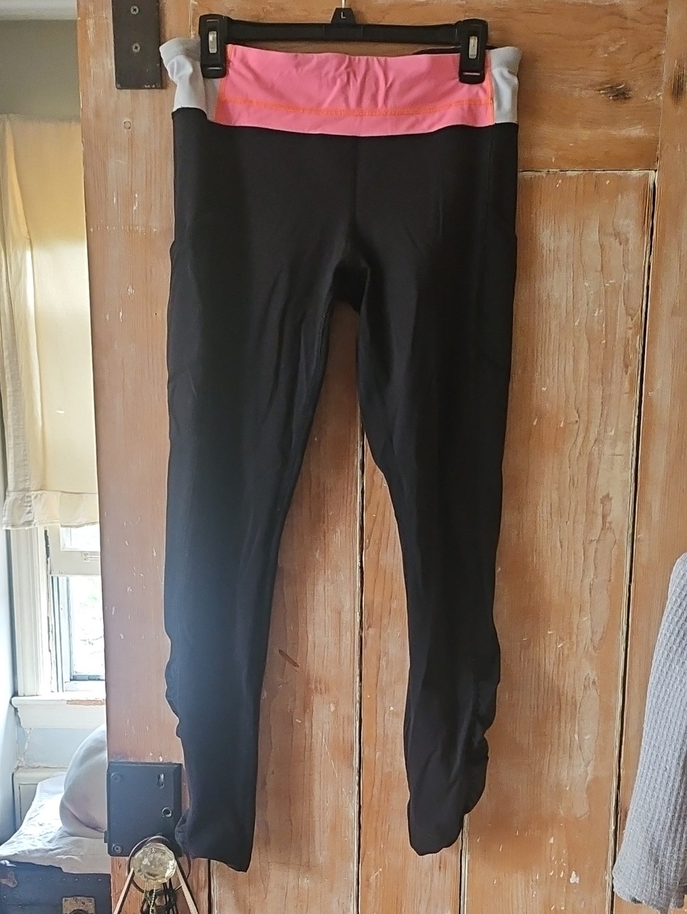 Size 10 Black Leggings with Pink and Grey Colorblock Waistband And Ruched Bottom